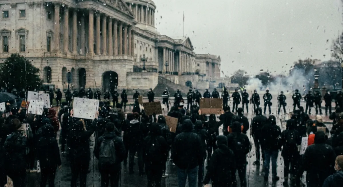 Slika je umetno generirana iz tem: protesti, politika, mednarodni odnosi