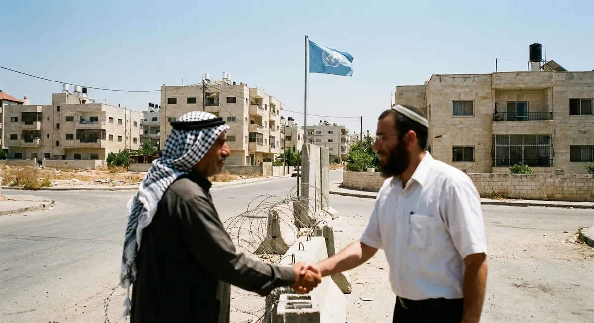 Slika je umetno generirana iz tem: mednarodni odnosi, premirje, palestinsko-izraelski konflikt, nasilje