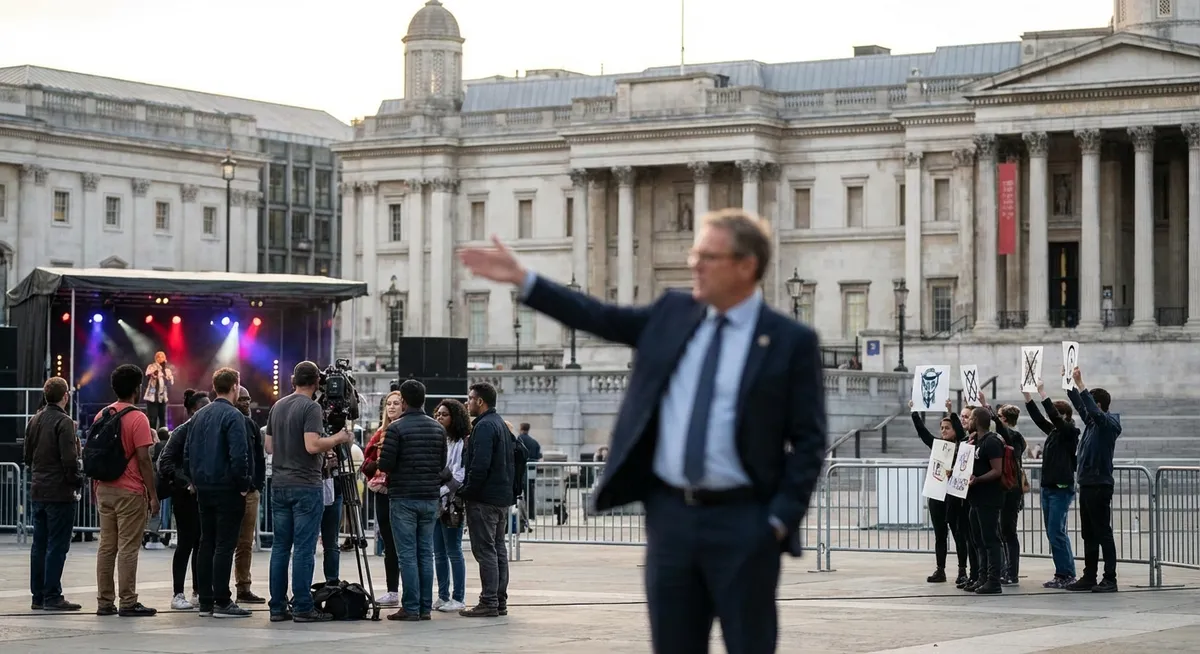 Slika je umetno generirana iz tem: jezikovna politika, politika, zabava