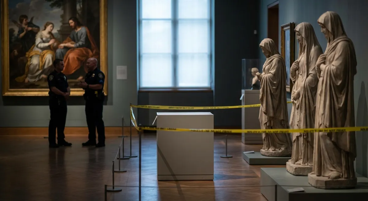 Slika je umetno generirana iz tem: varnost, tatvine, umetnost, ropi, zgodovina, kraje umetnin, kriminal, muzeji, kultura, dragulji, nakit, preiskave