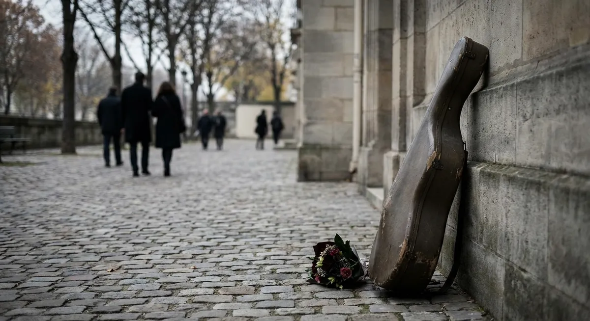 Slika je umetno generirana iz tem: žalost, intervjuji, glasba, smrti