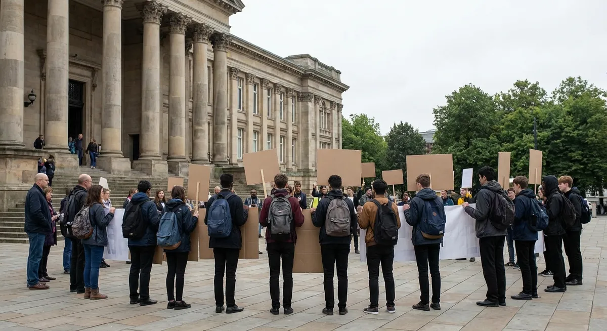 Slika je umetno generirana iz tem: financiranje študija, protesti, izobraževanje, študentske pravice