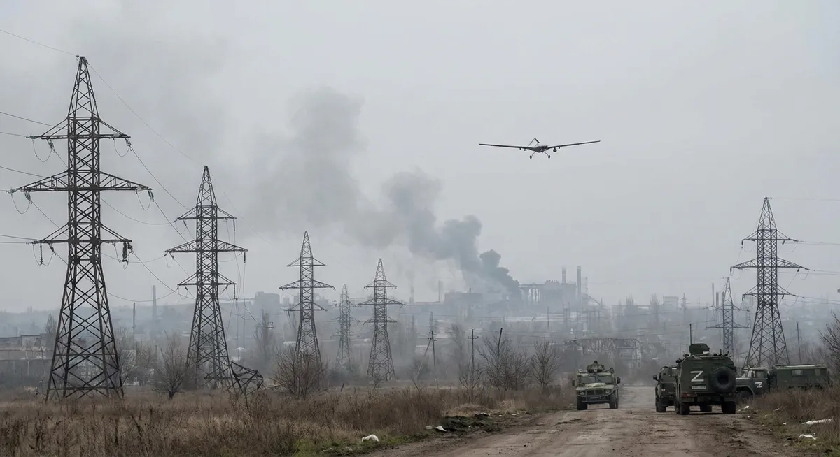 Slika je umetno generirana iz tem: oboroženi spopadi, izpadi električne energije, napadi z droni, sudan