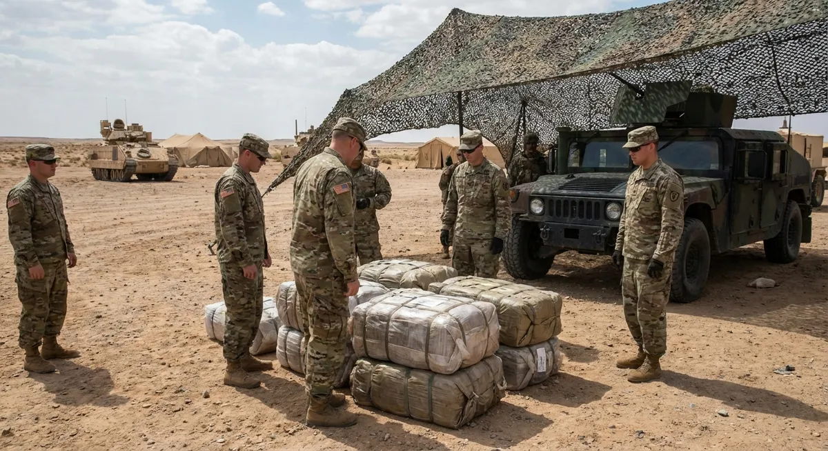 Slika je umetno generirana iz tem: mednarodni odnosi, vojaške operacije, mamila, gverilske skupine