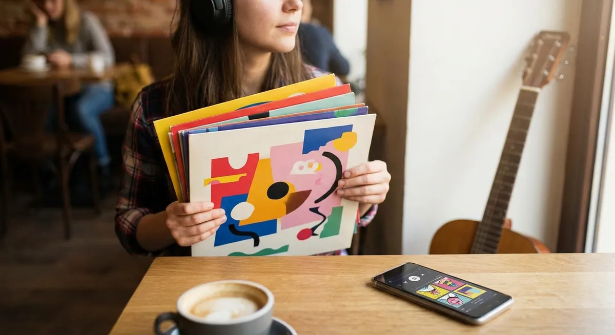 Slika je umetno generirana iz tem: glasba, glasbeni film, albumi