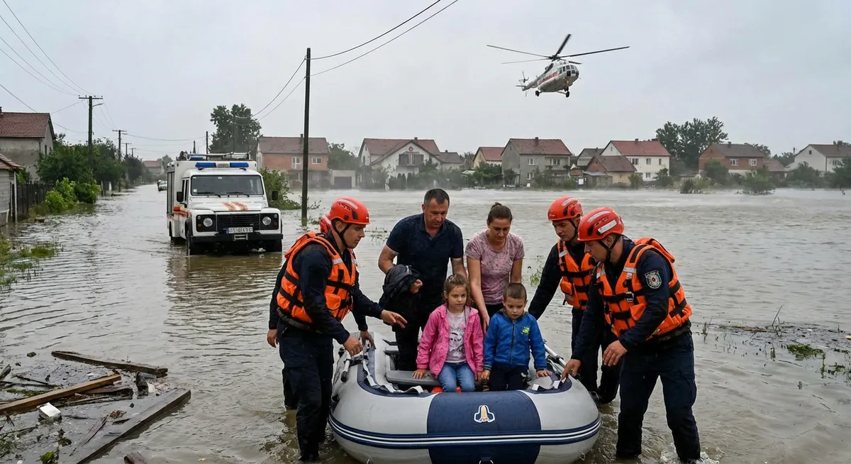 Slika je umetno generirana iz tem: iskanje in reševanje, evakuacije, nesreče, deževje, ruski napadi, žrtve, vreme, poplave