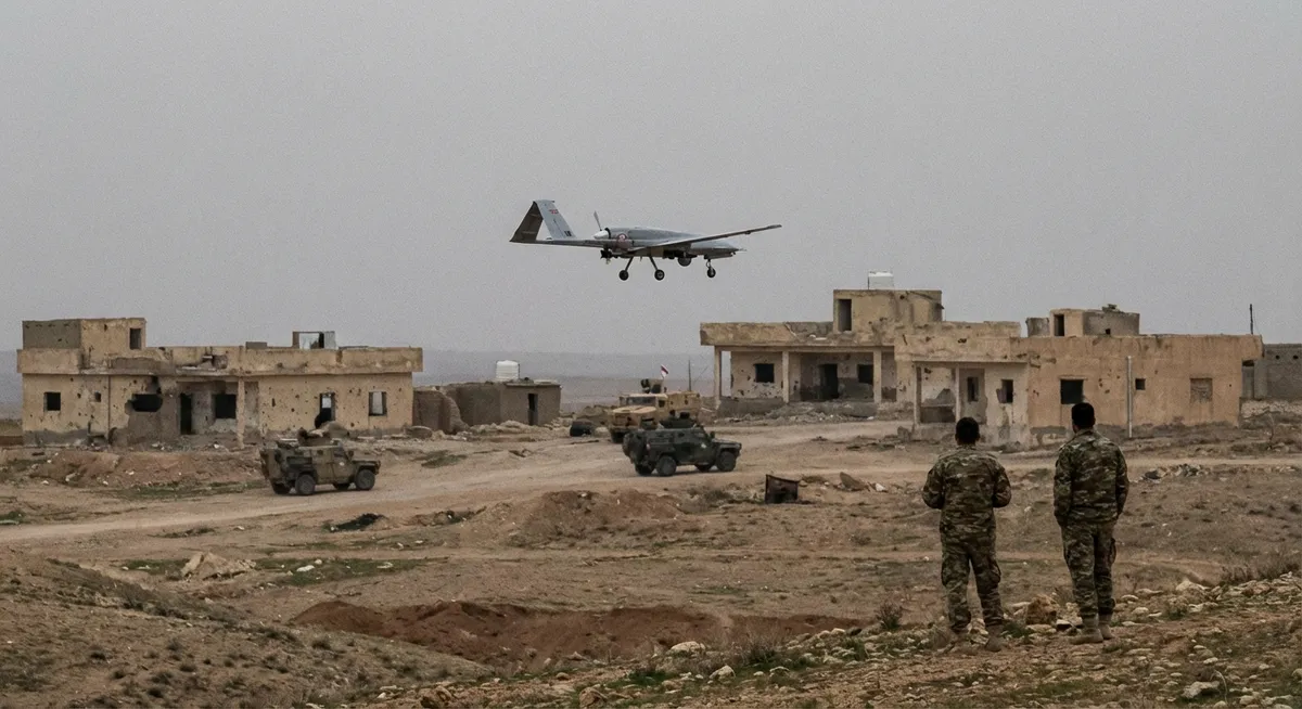 Slika je umetno generirana iz tem: oboroženi spopadi, napadi z droni, mednarodni odnosi