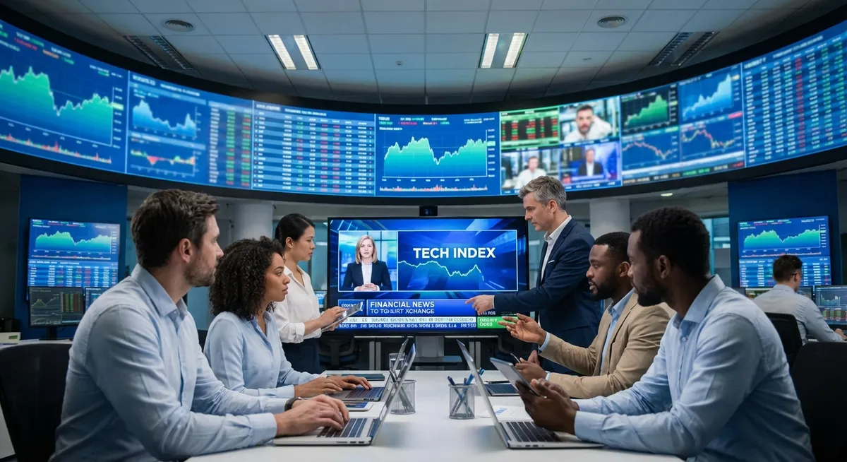 Slika je umetno generirana iz tem: borzni indeksi, delniški trgi, tehnološka podjetja, gospodarska rast