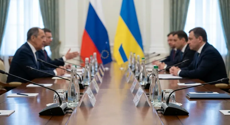 Slika je umetno generirana iz tem: politika, mednarodni odnosi, obramba, rusko-ukrajinski konflikt, mirovni procesi, diplomacija, pogajanja