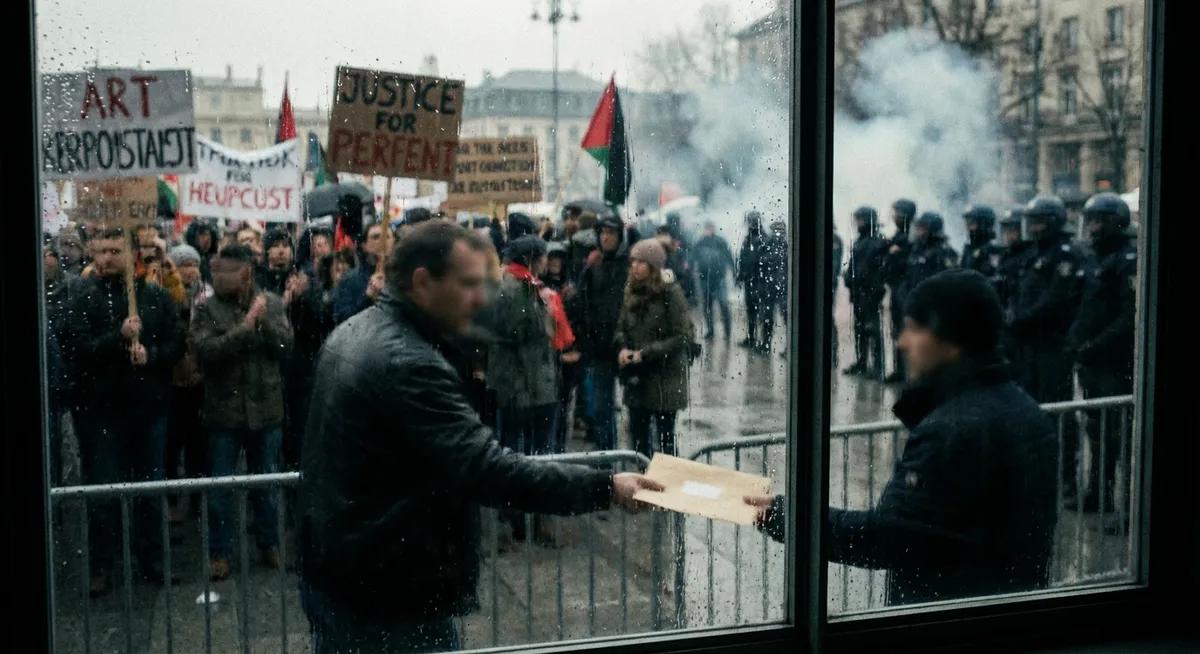 Slika je umetno generirana iz tem: tragedije, protesti, korupcija, nasilje, malomarnost, odgovornost, romi
