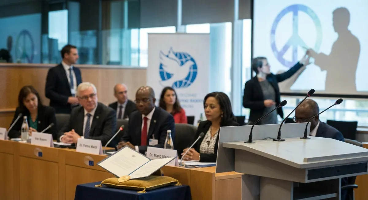 Slika je umetno generirana iz tem: nobelove nagrade, opozicija, žalitve, mednarodni odnosi, politika, človekove pravice