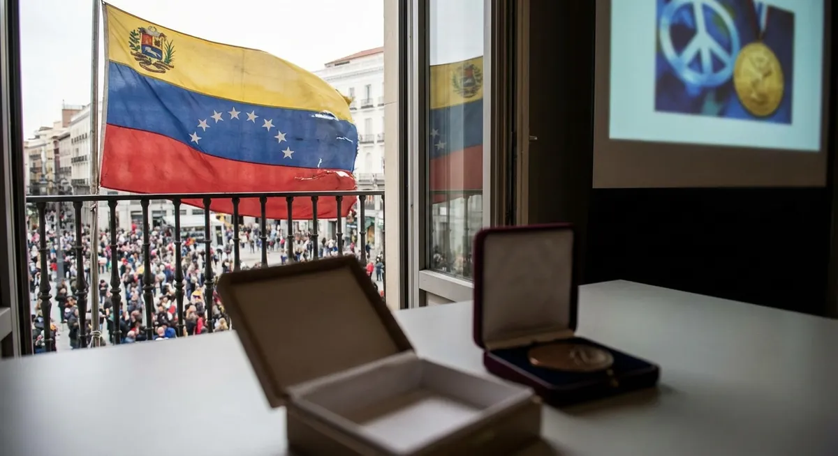 Slika je umetno generirana iz tem: človekove pravice, demokracija, nobelove nagrade, venezuela, politika