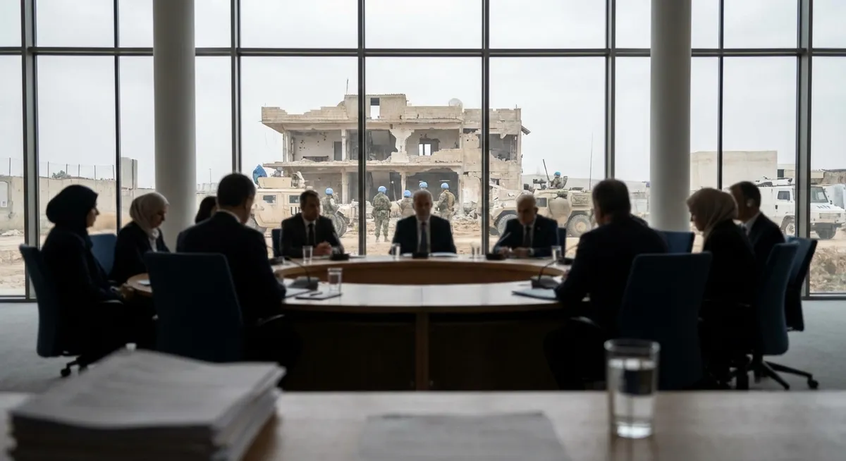 Slika je umetno generirana iz tem: oboroženi spopadi, politika, mednarodni odnosi, mirovni procesi