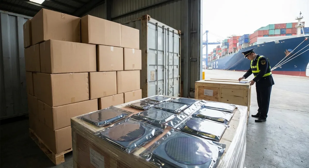 Slika je umetno generirana iz tem: trgovina, polprevodniki, carine