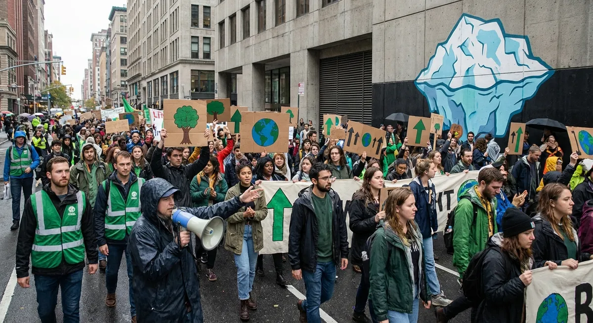 Slika je umetno generirana iz tem: sodstvo, okolje, protesti, jedrska energija