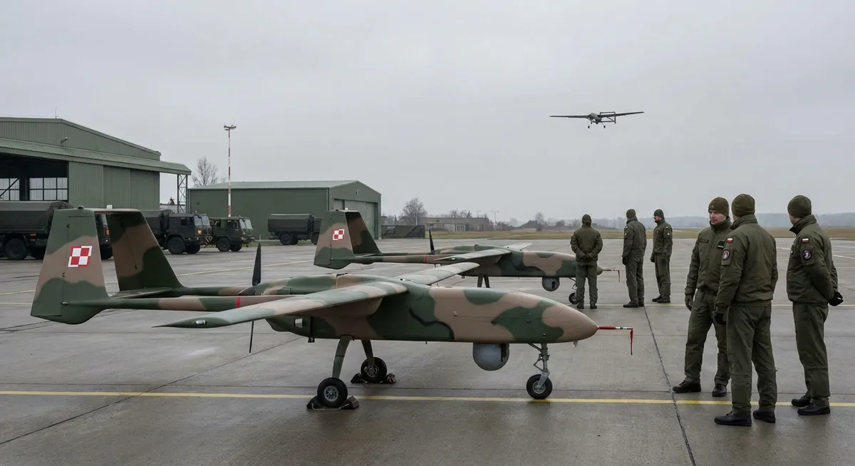 Slika je umetno generirana iz tem: poljska, vojne, sondaža, propaganda, droni, rusija