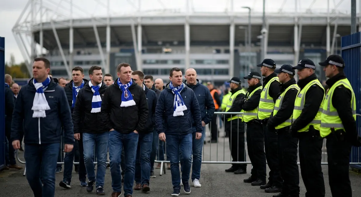 Slika je umetno generirana iz tem: navijači, šport, nogomet, varnost, evropska liga, poškodbe, prenova stadiona