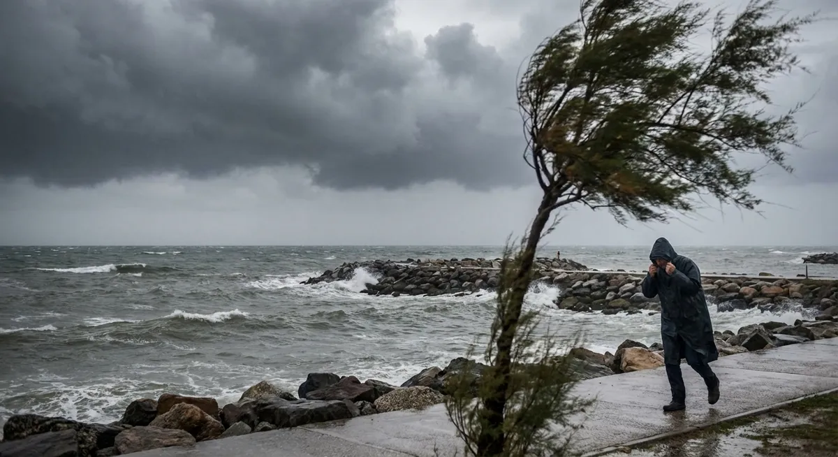 Slika je umetno generirana iz tem: la niña, obalne nevihte, močan veter, poplave, nevihte, podnebje, orkani, deževje, orkan priscilla, tropske nevihte, vreme