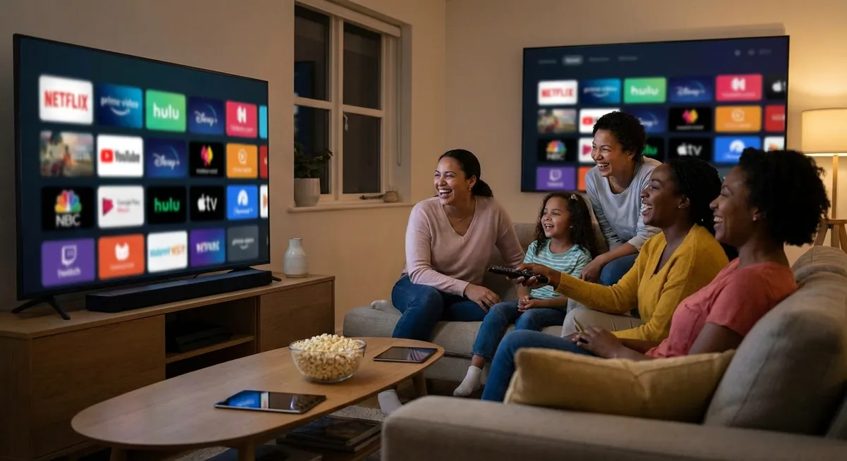 Slika je umetno generirana iz tem: pretočne storitve, zabava, televizija, gledanost, televizijske serije