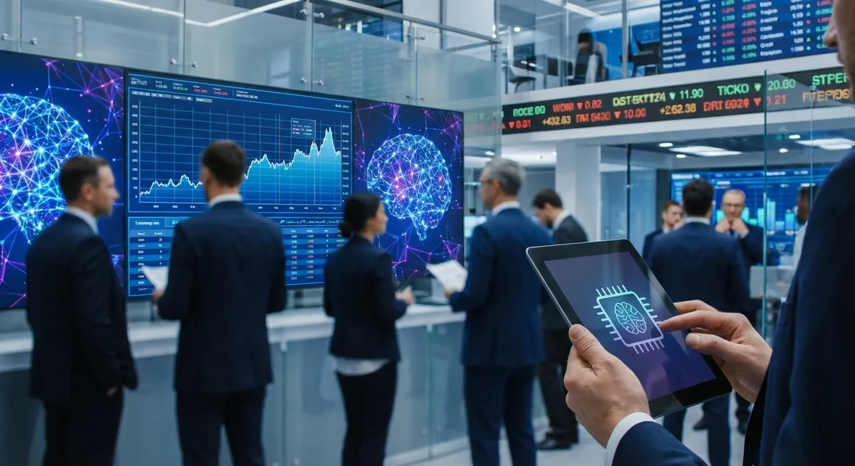 Slika je umetno generirana iz tem: borzni trgi, verige blokov, umetna inteligenca, tehnološki mehurčki