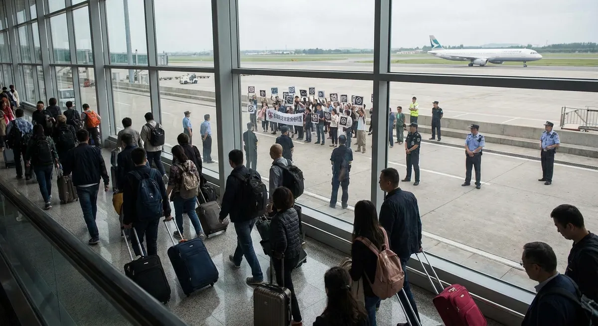 Slika je umetno generirana iz tem: letališki promet, zapore cest, protesti, civilna nepokorščina