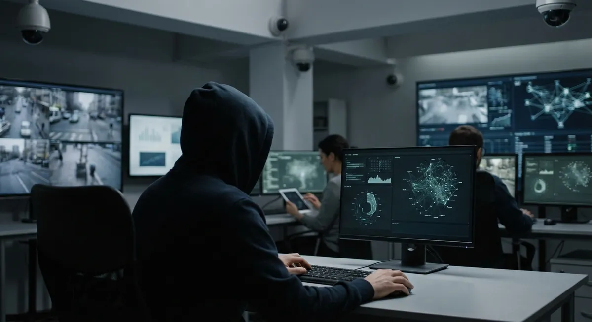 Slika je umetno generirana iz tem: tehnologija, digitalni nadzor, zasebnost, internetna svoboda