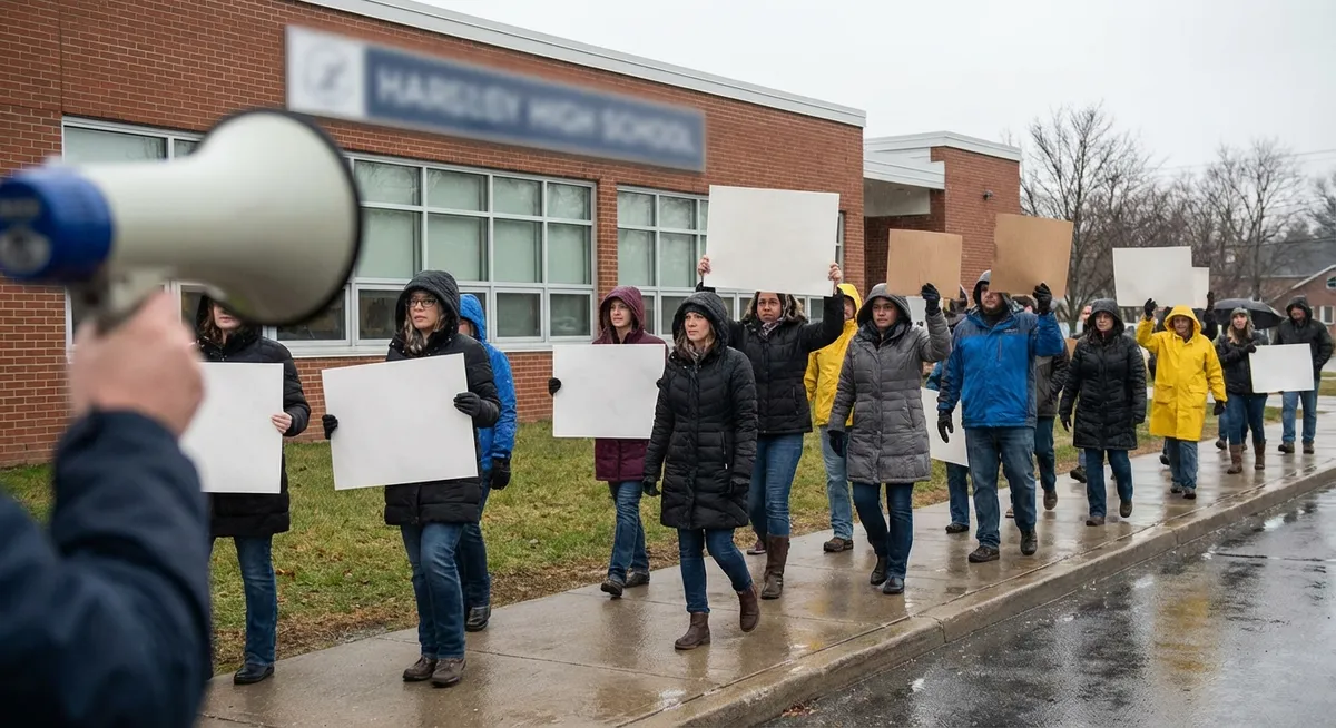 Slika je umetno generirana iz tem: plače, izobraževanje, sindikati, stavka učiteljev