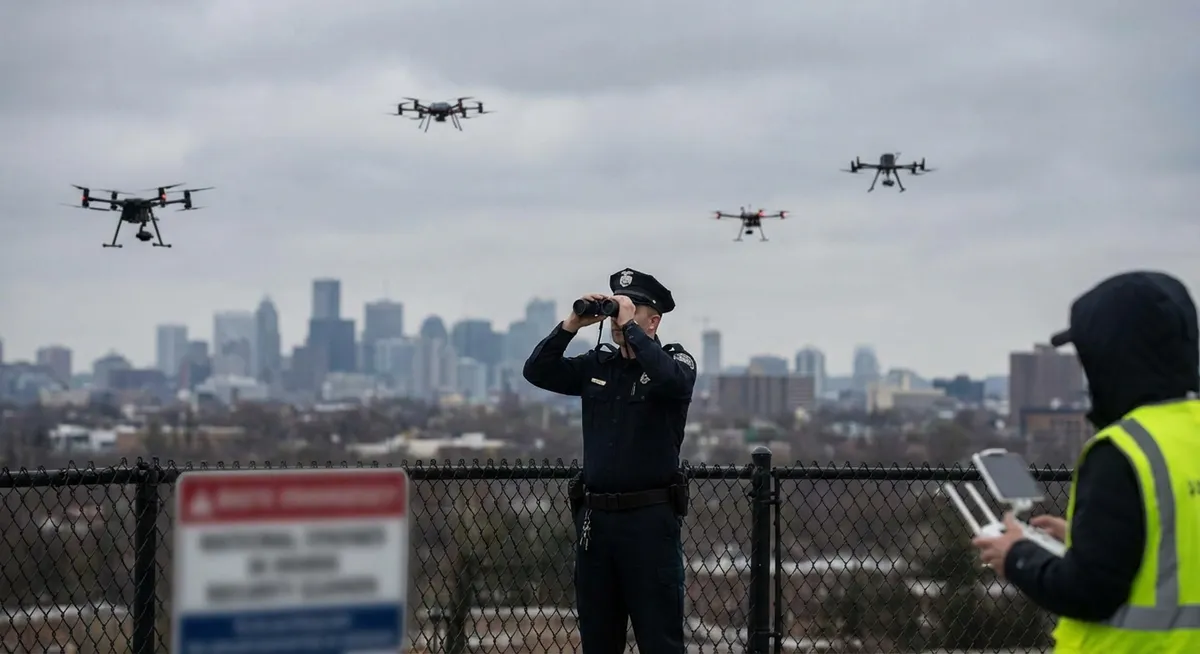 Slika je umetno generirana iz tem: varnost, droni, mednarodni odnosi