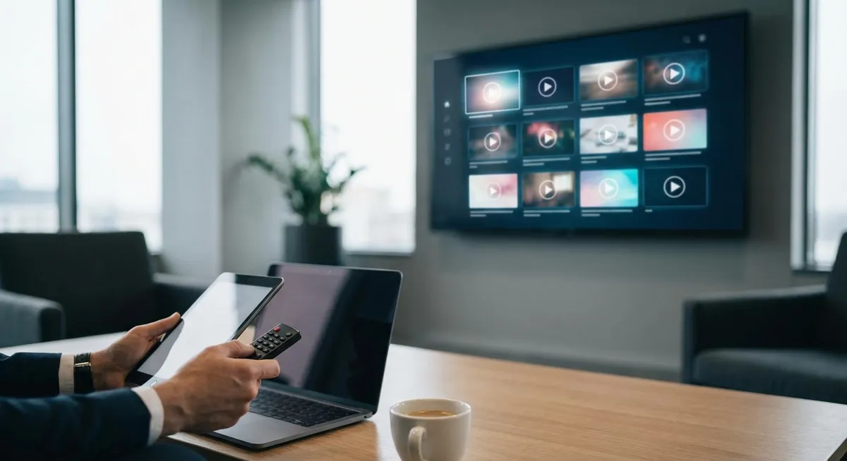 Slika je umetno generirana iz tem: posel, gledališče, pretočne storitve, filmi, kadrovske spremembe