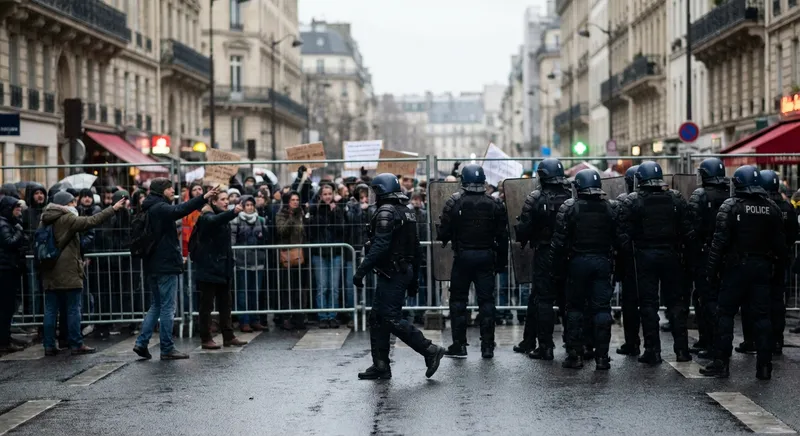 Slika je umetno generirana iz tem: protesti, nasilje, policija, politika