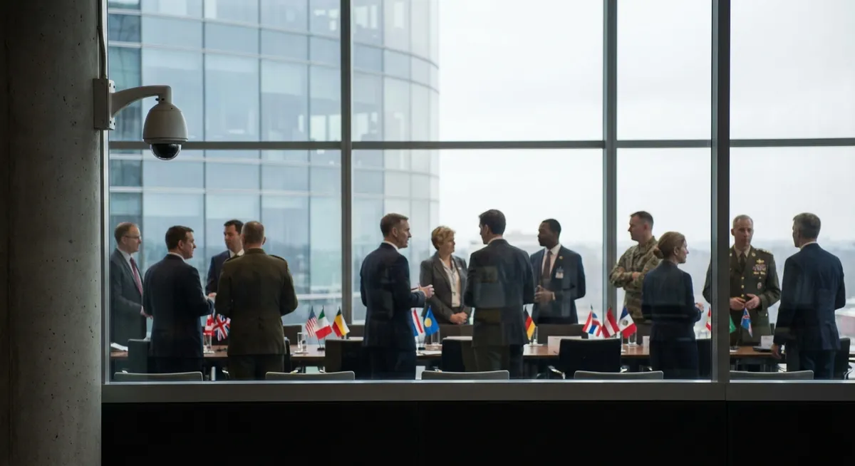 Slika je umetno generirana iz tem: mednarodni odnosi, politika, obramba