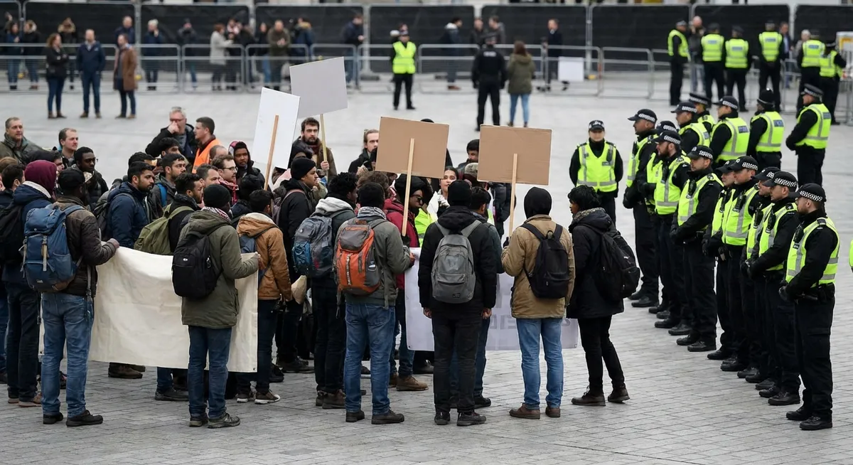 Slika je umetno generirana iz tem: mednarodni odnosi, varnost, protesti