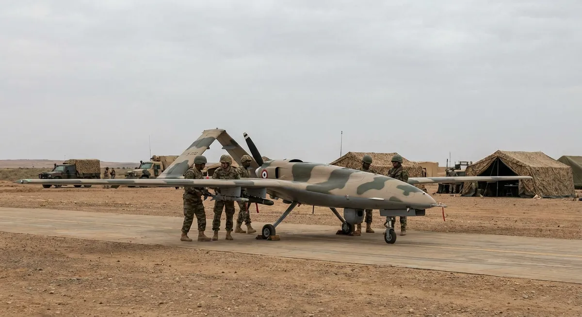 Slika je umetno generirana iz tem: protesti, droni, napadi z droni, zračni napadi, nadzor, vojska, zakonodaja, mednarodni odnosi