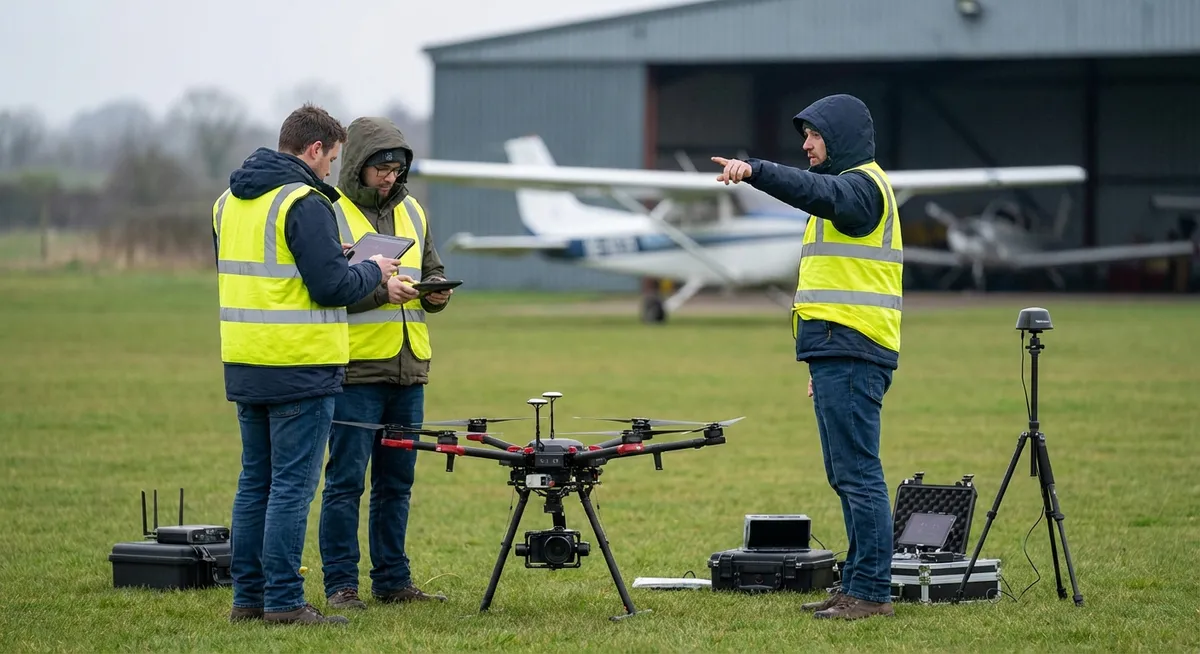 Slika je umetno generirana iz tem: preiskave, droni, zračni promet, policija, obramba, nesreče, evakuacije, letalstvo, varnost