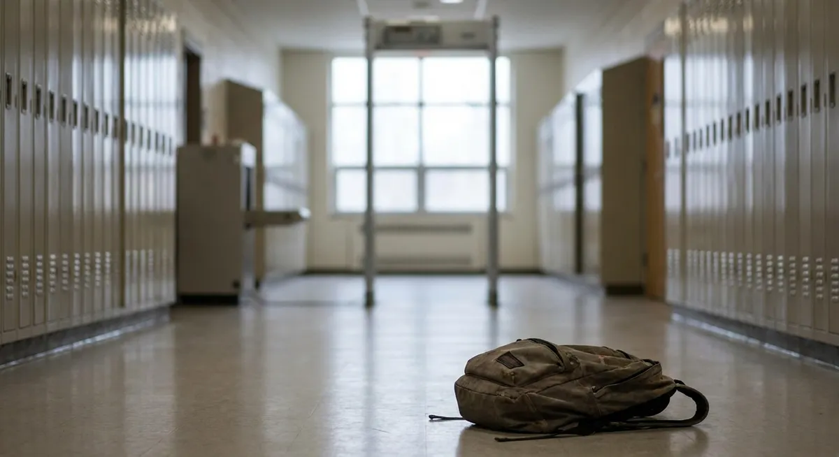 Slika je umetno generirana iz tem: šolsko nasilje, grožnje, kriminal, orožje