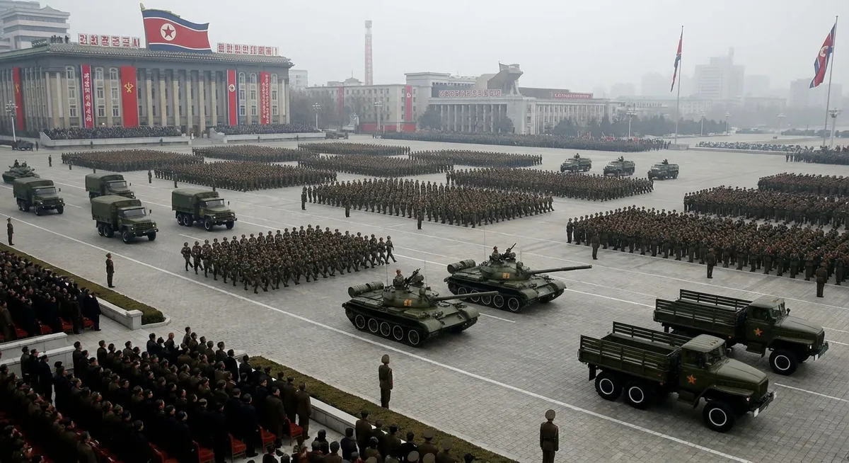 Slika je umetno generirana iz tem: nasledstvo, severna koreja, politika, vojska, vojaške parade, diplomacija, družba, kitajska, mednarodni odnosi