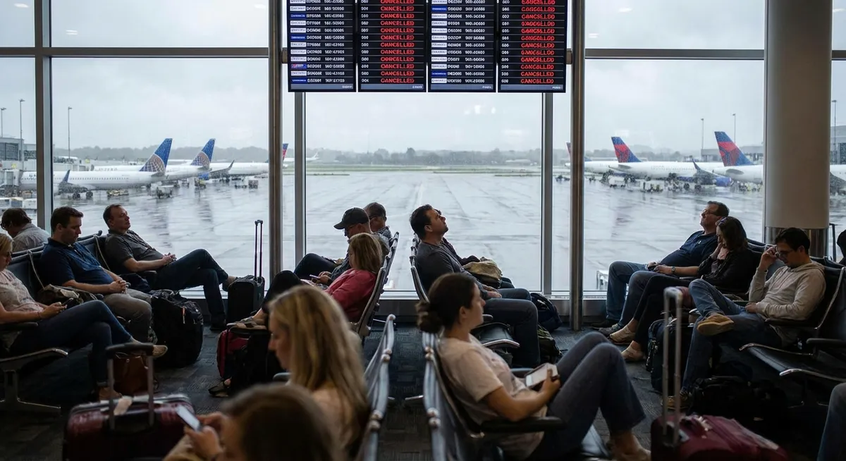 Slika je umetno generirana iz tem: zračni promet, motnje letov, stavke