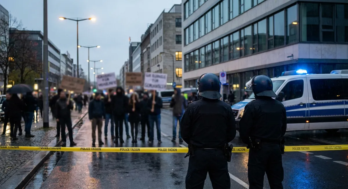 Slika je umetno generirana iz tem: protesti, preiskave, politika, neonacizem, policija, ekstremizem, nasilje