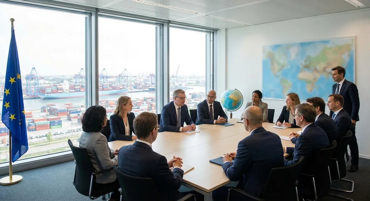 Slika je umetno generirana iz tem: politika, evropska unija, trgovina, združene države amerike