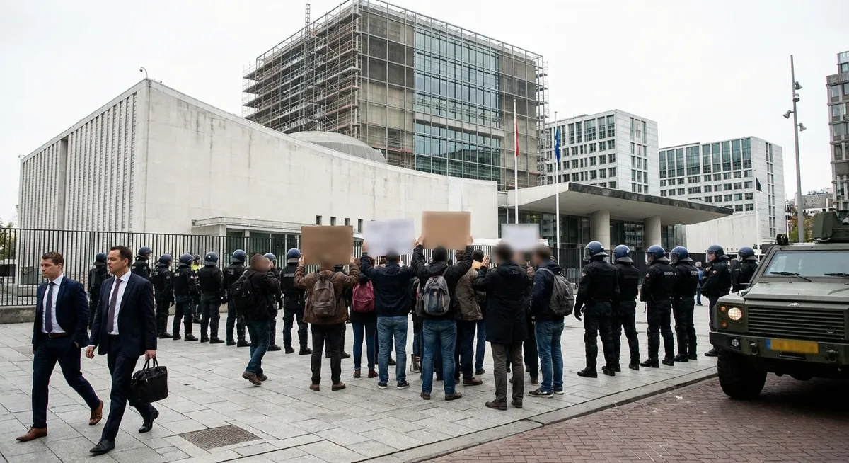 Slika je umetno generirana iz tem: protesti, mednarodni odnosi, humanitarna pomoč, oboroženi spopadi