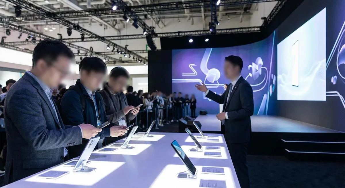 Slika je umetno generirana iz tem: mobilne naprave, mobilni telefoni, 5g, napovedi izdelkov, predstavitve izdelkov, tehnologija, umetna inteligenca, telekomunikacije, lansiranje izdelkov, slušalke, tablični računalniki