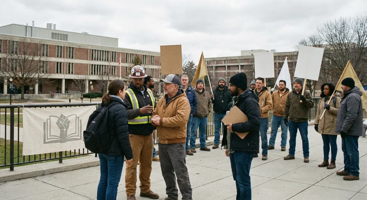 Slika je umetno generirana iz tem: vladni ukrepi, izobraževanje, stavka učiteljev, delavske pravice