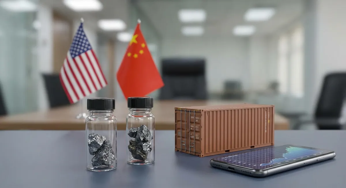 Slika je umetno generirana iz tem: geopolitika, redke zemlje, trgovina, rudarski posli