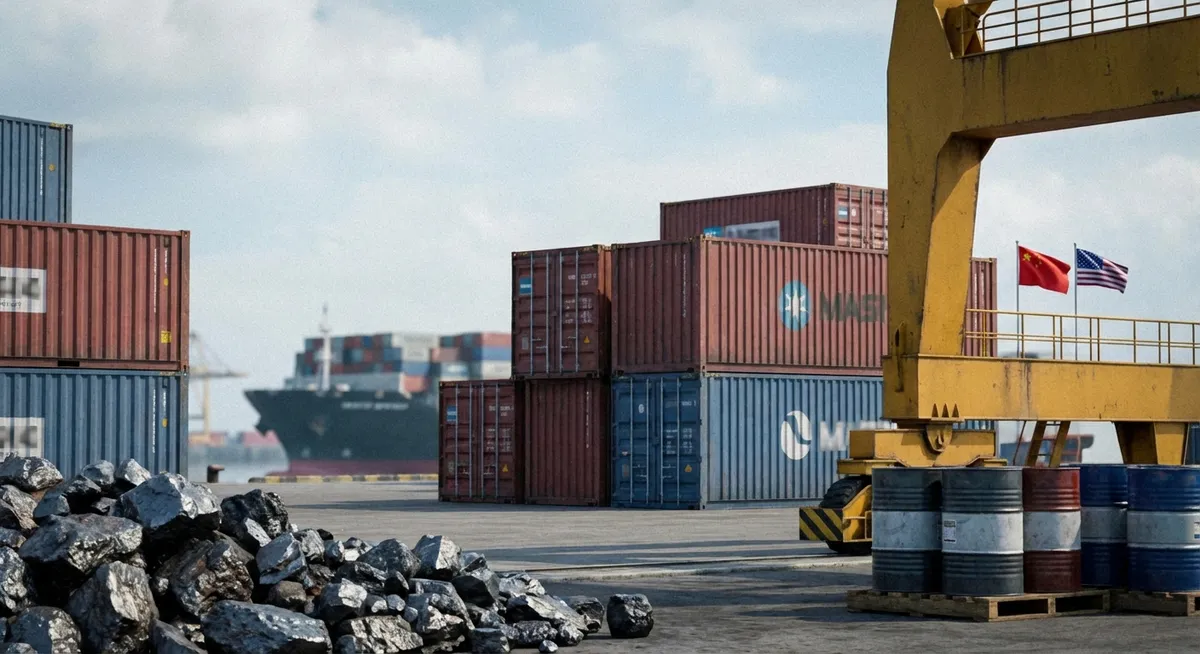 Slika je umetno generirana iz tem: gospodarstvo, redke zemlje, politika, kmetijstvo, gospodarska politika, odnosi kitajska-zda, mednarodni odnosi, trgovina, kriptovalute, carine, diplomacija, trgovinski spori