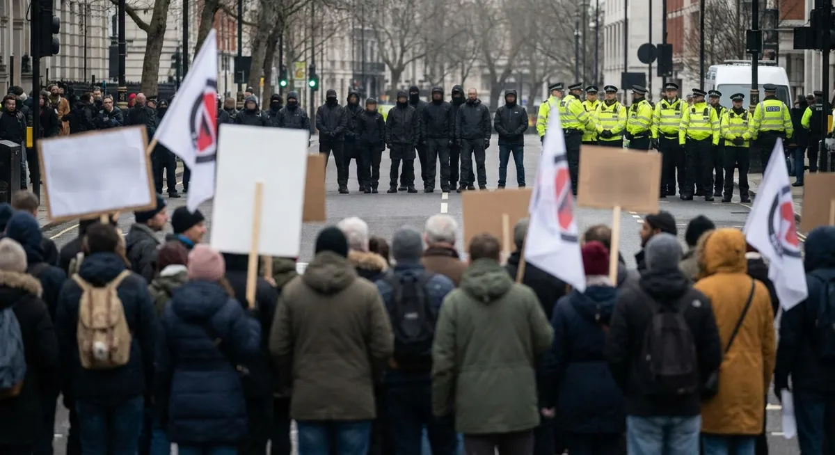Slika je umetno generirana iz tem: rasizem, nasilje, neonacizem, protesti, deportacije