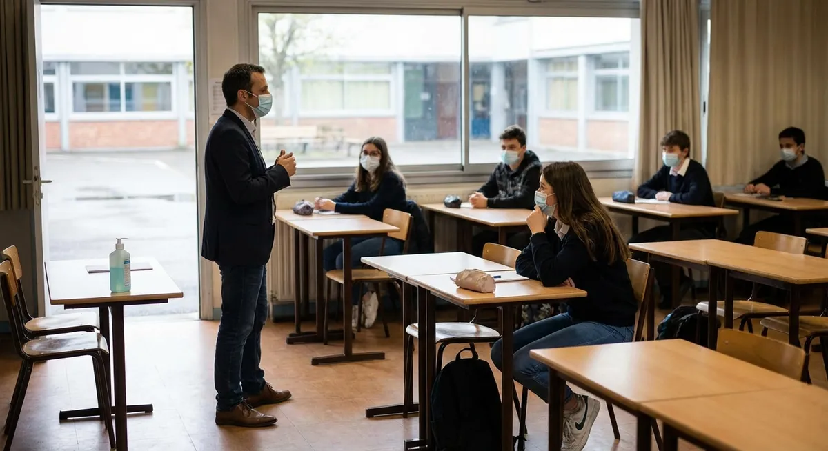 Slika je umetno generirana iz tem: trendi v izobraževanju, akademska uspešnost, izobraževanje, covid-19, dezinformacije, obvezne maske, akademski dosežki, javno zdravstvo, šolanje na domu, cepiva, domače šolanje