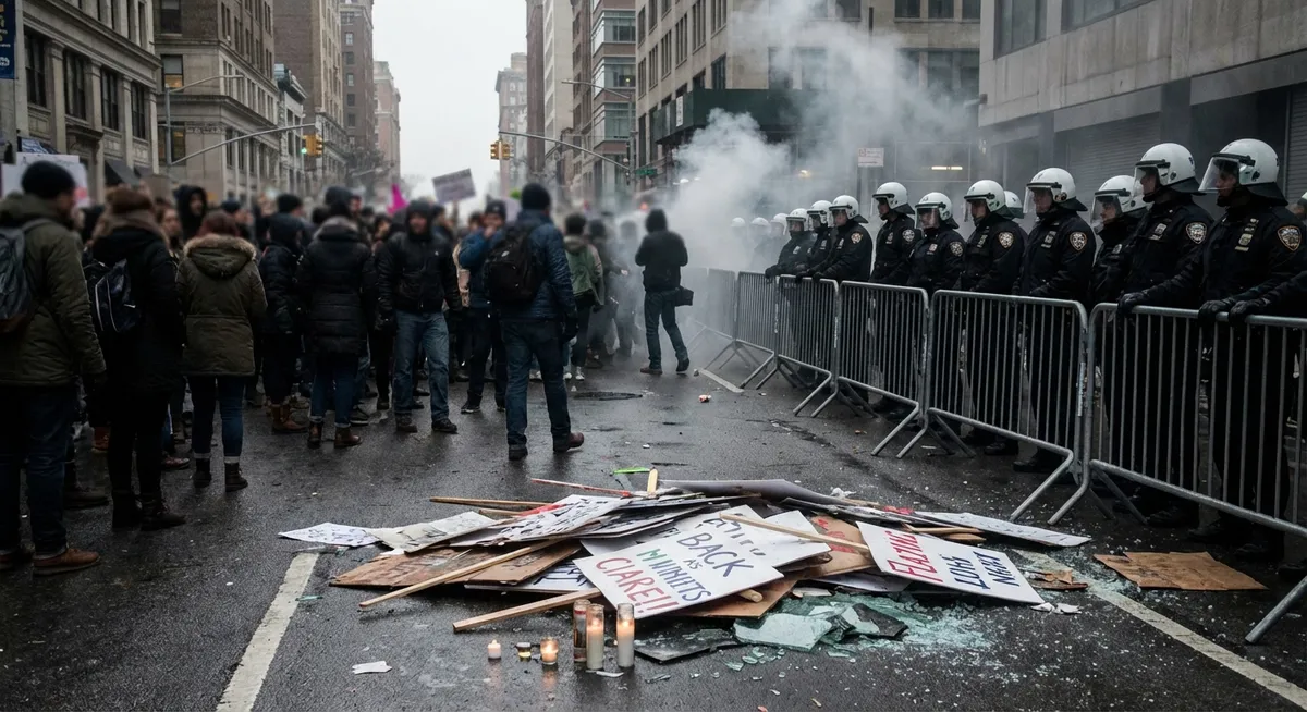 Slika je umetno generirana iz tem: nasilje, protesti, smrti, politika