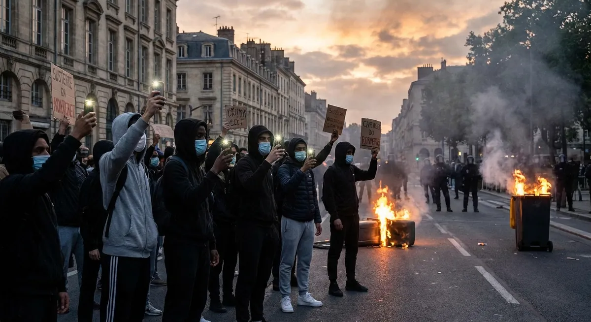 Slika je umetno generirana iz tem: novoletna praznovanja, javni nemiri, vandalizem, požigi