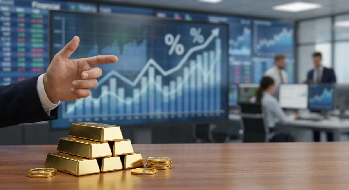 Slika je umetno generirana iz tem: tržna nihanja, borzne cene, investicijski skladi, plemenite kovine