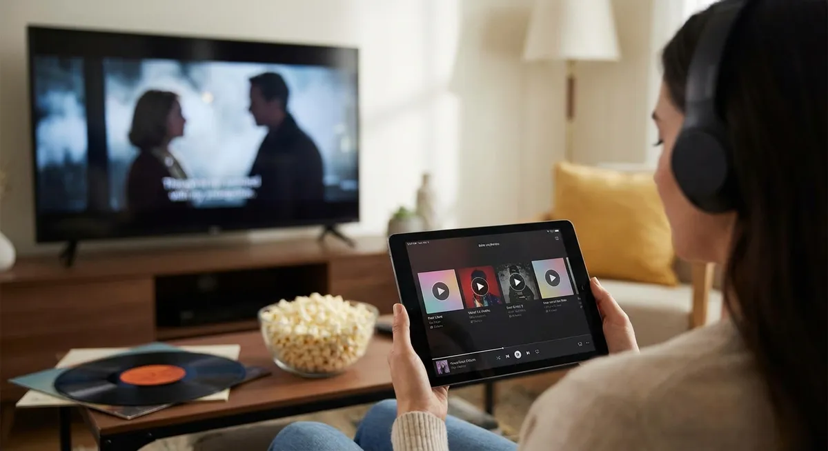 Slika je umetno generirana iz tem: lestvice, glasba, filmi, pretočne storitve